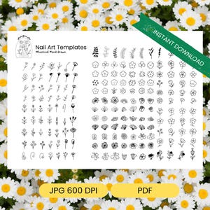 A high-resolution printable nail art sheet in JPG and PDF formats, showing more than 300 tiny floral and leaf icons arranged in rows. The designs include simple flowers, detailed blossoms, leaves, sprigs, petals, and botanical branches. This image shows what customers receive in the download: a detailed floral nail stencil sheet for tracing, printing, and creating clean minimal nail art for gel or press-on nails.