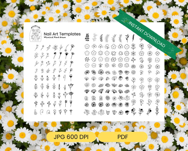 A high-resolution printable nail art sheet in JPG and PDF formats, showing more than 300 tiny floral and leaf icons arranged in rows. The designs include simple flowers, detailed blossoms, leaves, sprigs, petals, and botanical branches. This image shows what customers receive in the download: a detailed floral nail stencil sheet for tracing, printing, and creating clean minimal nail art for gel or press-on nails.
