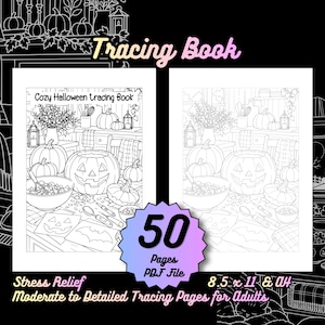 Può includere: Un libro da ricalco digitale con 50 pagine in formato PDF, disponibile nelle dimensioni 8,5 x 11 pollici e A4. La copertina mostra il testo Cozy Halloween tracing book sopra un'illustrazione a linee di zucche, una ciotola e utensili.