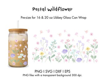 May include: A glass can wrap featuring a pastel wildflower design, suitable for 16 and 20 oz Libbey glass cans. The design showcases pastel-coloured flowers and foliage. The image also includes the text "Pastel wildflower".