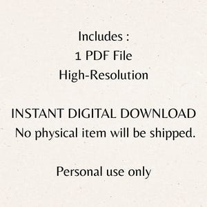 Clean informational image explaining what the buyer receives. The text states that the product includes one high-resolution PDF file, instant digital download, no physical item shipped, and personal use only. This image clarifies purchase details for the cozy cat cafe monochrome coloring book, helping customers understand the digital format and usage terms.
