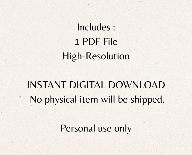 Clean informational image explaining what the buyer receives. The text states that the product includes one high-resolution PDF file, instant digital download, no physical item shipped, and personal use only. This image clarifies purchase details for the cozy cat cafe monochrome coloring book, helping customers understand the digital format and usage terms.