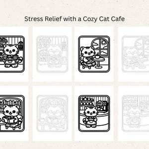 Promotional image highlighting stress relief through Cozy cat mono chrome coloring art. The layout shows selected bold preview designs of a cat in a café paired with lighter outline versions, reinforcing the calming, monochrome aesthetic. This image communicates the mindful, soothing purpose of the cozy cat cafe coloring book for adults who enjoy slow, peaceful creativity.