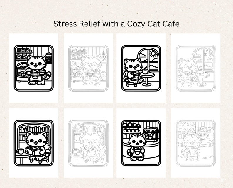 Promotional image highlighting stress relief through Cozy cat mono chrome coloring art. The layout shows selected bold preview designs of a cat in a café paired with lighter outline versions, reinforcing the calming, monochrome aesthetic. This image communicates the mindful, soothing purpose of the cozy cat cafe coloring book for adults who enjoy slow, peaceful creativity.