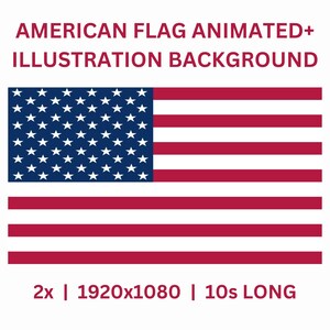 以下が含まれることがあります： アメリカ国旗のアニメーションイラスト。旗は、白い星と赤と白のストライプが付いた青いカントンが特徴です。上部のテキストは「AMERICAN FLAG ANIMATED+ ILLUSTRATION BACKGROUND」と表示されています。下部のテキストは「2x | 1920x1080 | 10s LONG」と表示されています。