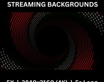 May include: Black background with a spiral design of red and white lines. The text at the top reads "5x SEAMLESS LOOPING STREAMING BACKGROUNDS." The bottom text indicates 5 backgrounds, 3840x2160 (4K) resolution, and 5 seconds long.