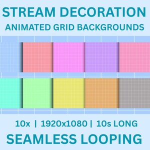 May include: A digital graphic featuring the words "STREAM DECORATION" and "ANIMATED GRID BACKGROUNDS." The image displays a series of colorful, grid-patterned squares in various pastel shades, including pink, purple, and yellow. The text at the bottom indicates the backgrounds are 10 seconds long and seamless looping.