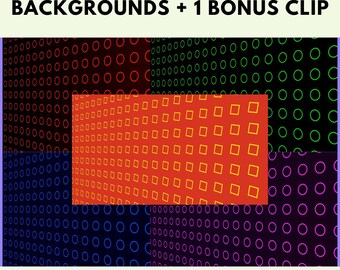Puede incluir: Fondos digitales con patrones geométricos en rojo, naranja, verde, morado y azul. La imagen incluye el texto "4x Seamless Looping Backgrounds + 1 Bonus Clip" y "1920x1080 Ful HD Digital Backgrounds".