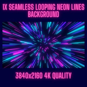 Puede incluir: Un fondo digital con un fondo azul oscuro y líneas de neón en tonos rosa, azul y morado que irradian desde un punto central. El texto en la parte superior dice "1X SEAMLESS LOOPING NEON LINES BACKGROUND" y en la parte inferior "3840x2160 4K QUALITY".