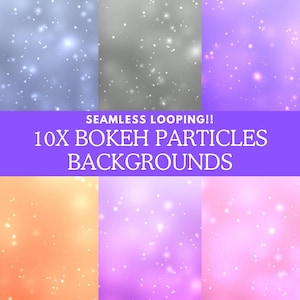 May include: Ten seamless looping backgrounds featuring bokeh particles. The backgrounds are in a variety of colours, including blue, grey, purple, pink, and orange.
