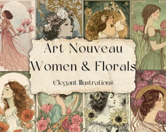 Donne e fiori in stile Art Nouveau – 42 eleganti illustrazioni | 5 fogli JPG per il junk journaling, lo scrapbooking e il collage
