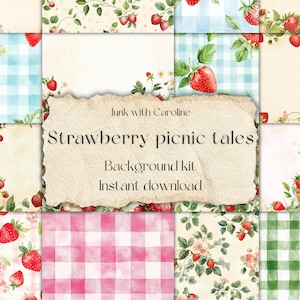 Strawberry Picnic Backgrounds – 20 JPG Papers | Cottagecore Digital Papers | Matching Junk Journal Backgrounds | Strawberry Picnic Tales