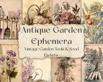 Effimere da giardino d&#39;epoca: 42 attrezzi da giardino vintage e pacchetti di semi stampabili | 5 fogli JPG per Junk Journal, collage, scrapbooking