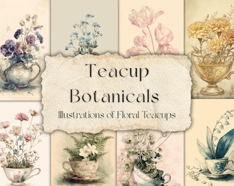 Teacup Botanicals – 42 illustrazioni stampabili di tazze da tè floreali | Effimere romantiche per diari spazzatura e collage | 5 fogli JPG