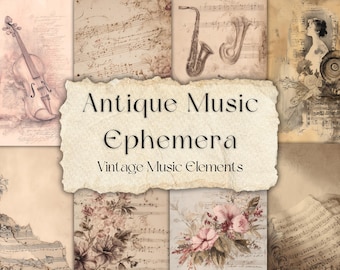 Effimeri di musica antica: 42 elementi musicali d&#39;epoca stampabili | Spartiti illustrati e frammenti di strumenti | 5 pagine JPG per il diario degli scarti
