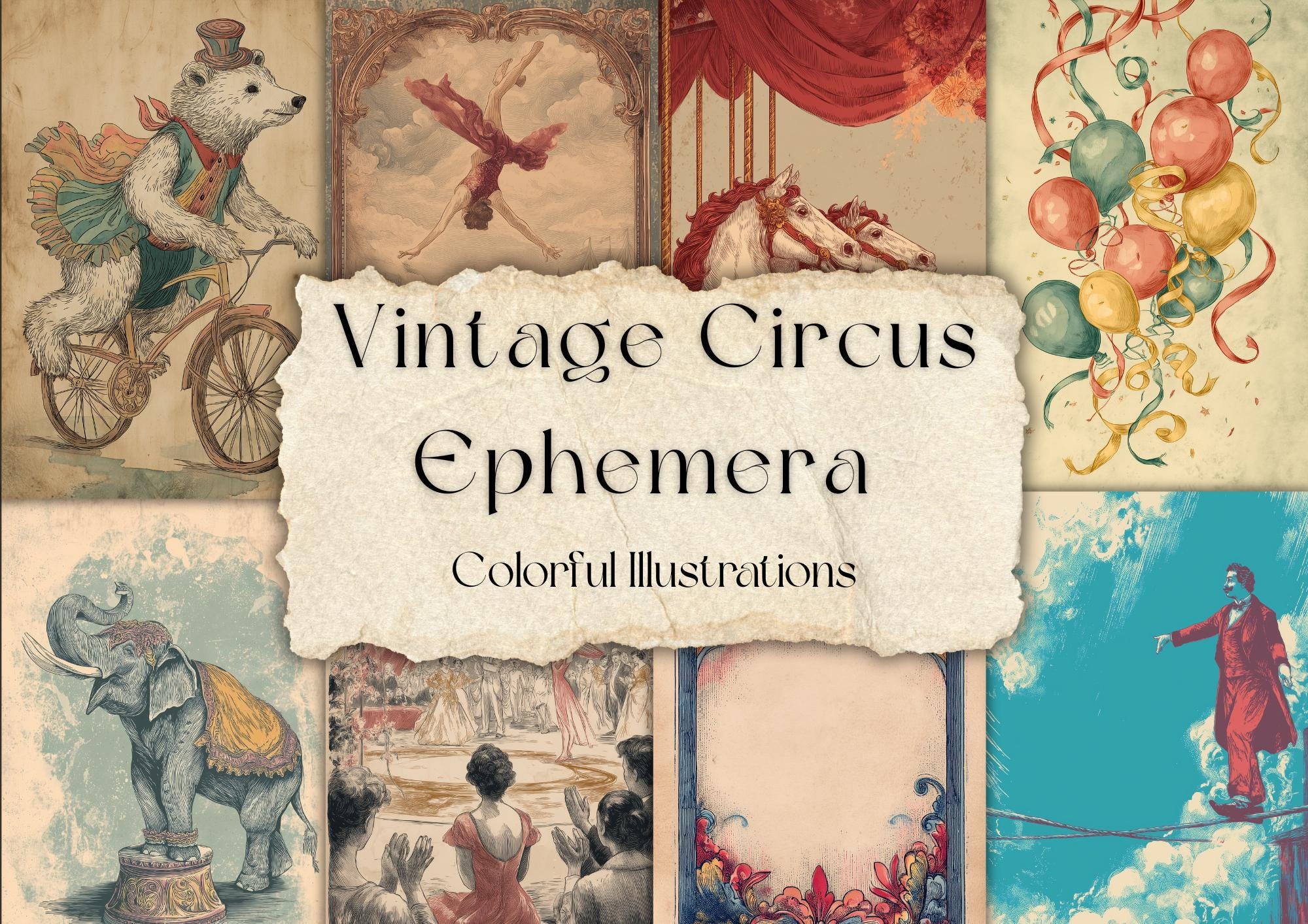 Effimere da circo d'epoca: 42 illustrazioni colorate stampabili | Clown retrò, animali e biglietti | 5 fogli A4 JPG