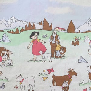 Vintage Heidi Fabric, Swiss Alps Scene, Goat Girl Print, Kawaii Kids Cotton Mix