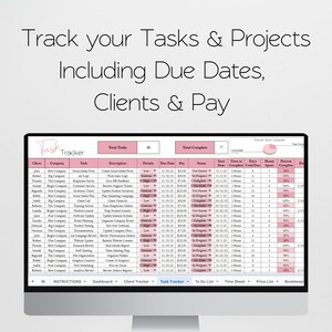 May include: A computer monitor displays a "Task Tracker" spreadsheet, showing project details like tasks, descriptions, due dates, and pay. The screen also features the text "Track your Tasks & Projects Including Due Dates, Clients & Pay."