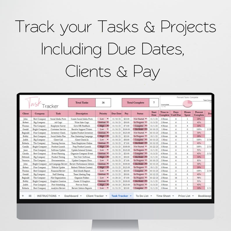 May include: A computer monitor displays a "Task Tracker" spreadsheet, showing project details like tasks, descriptions, due dates, and pay. The screen also features the text "Track your Tasks & Projects Including Due Dates, Clients & Pay."