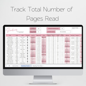 May include: A computer screen displays a digital reading tracker. The spreadsheet-style document tracks book titles, authors, and reading progress, including the number of pages read and the average book rating. The title at the top reads "Track Total Number of Pages Read."