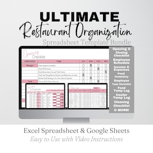 Organisation d'un lot de modèles de restaurant, feuilles Google de gestion, inventaire du restaurant, fournitures de restaurant, liste de contrôle pour le restaurant, nettoyage