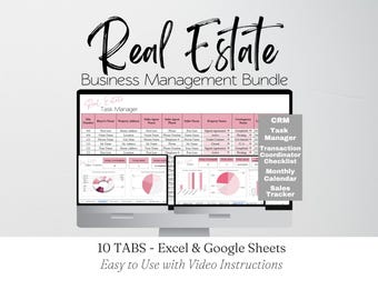Real Estate Management Template Bundle, Transaction Checklist, Bookkeeping, Realtor Sales Tracker, Realtor CRM, Calendar, Excel Spreadsheet