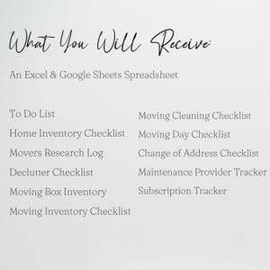 May include: A digital document titled What You Will Receive, listing an Excel and Google Sheets spreadsheet containing a To Do List, Home Inventory, Movers Research Log, Declutter, Moving Box, and Inventory checklists, plus cleaning, moving day, address, and subscription trackers.