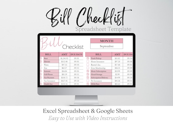 Bill Checklist Template Google Sheets, Bill Payment Tracker, Bill Pay Checklist Excel Spreadsheet, Monthly Bills Tracker, Bill Management