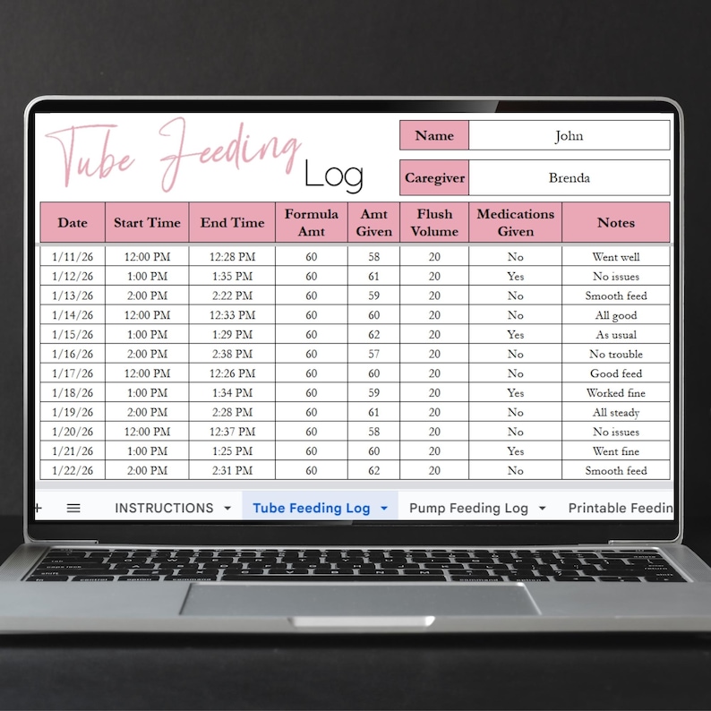 Tube Feeding Log Template Google Sheet, Jtube, G-tube, PEG Tube Tracker ... - Herp Feeding Log Template Excel