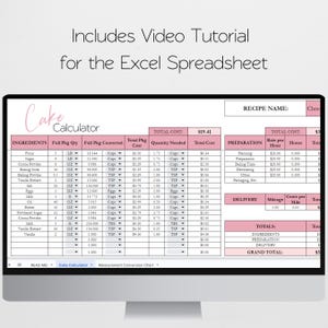 May include: A digital cake calculator spreadsheet displayed on a computer monitor. The interface features pink headers, columns for ingredients, quantities, and costs, and includes a section for recipe name, preparation, and delivery totals.