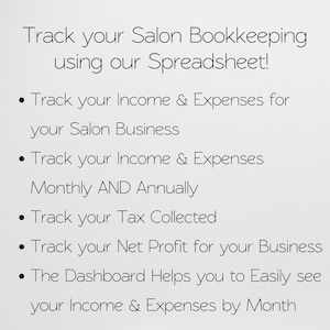 Salon Bookkeeping Template, Hair Salon Income and Expenses Tracker Log, Beauty Salon, Nail Salon Hair Salon Excel Spreadsheet Google Sheets image 3