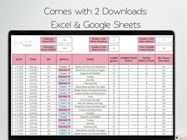 Blood Sugar Tracker Excel Spreadsheet Template, Type 1 Diabetes Tracker