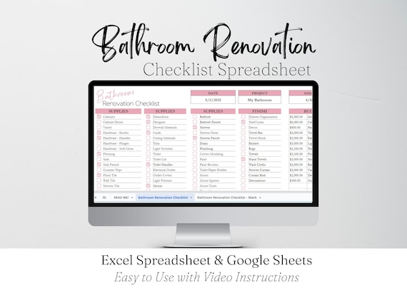 Bathroom Renovation Checklist Google Sheets, Bathroom Remodel Check List Excel Spreadsheet, Home Bath Remodel Guide Planner Template