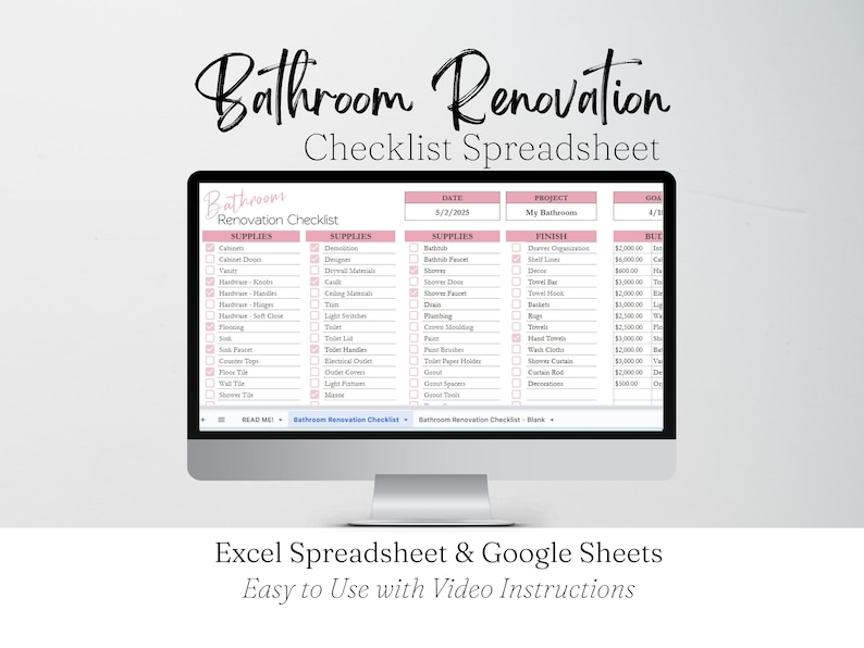 Bathroom Renovation Checklist Google Sheets, Bathroom Remodel Check List Excel Spreadsheet, Home Bath Remodel Guide Planner Template image 1
