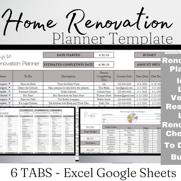 Home Renovation Checklist, Home Renovation Spreadsheet, Remodel Checklist, Kitchen Remodel, Bathroom Remodel, Interior Design Excel Google