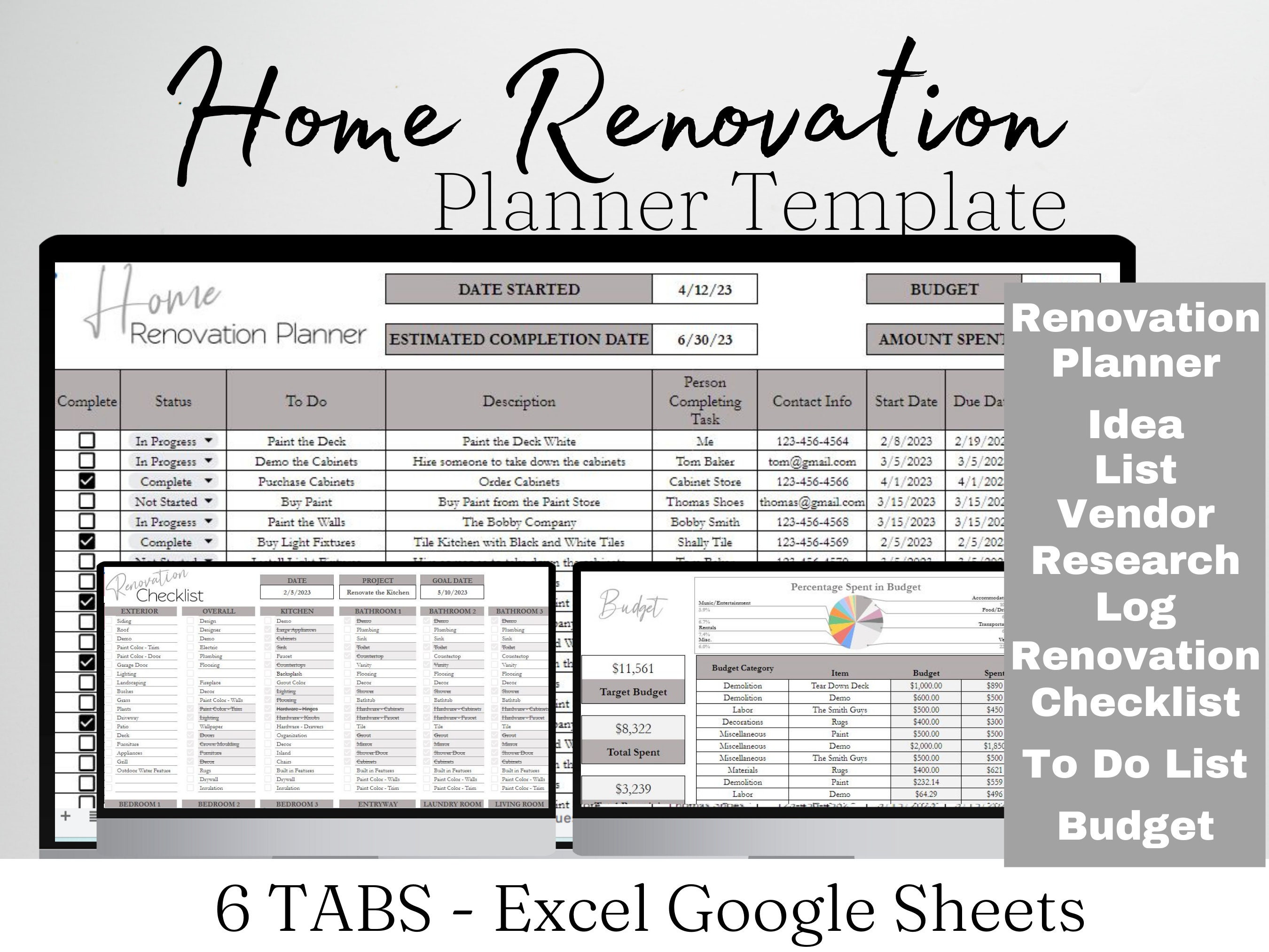 Home Renovation Checklist, Home Renovation Spreadsheet, Remodel ...