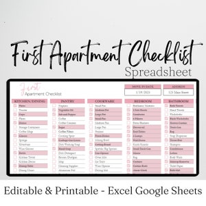 最初のアパートのチェックリスト テンプレート Excel スプレッドシート、最初のアパート プランナー Google スプレッドシート、家具の在庫、大学のアパート リスト