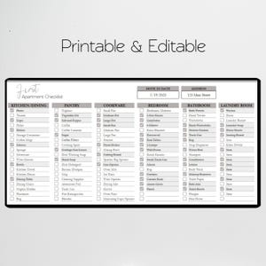 May include: A printable and editable apartment checklist with sections for kitchen/dining, pantry, cookware, bedroom, bathroom, and laundry room. Each section has a list of items to check off.