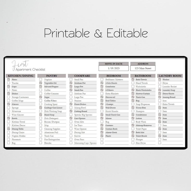 May include: A printable and editable apartment checklist with sections for kitchen/dining, pantry, cookware, bedroom, bathroom, and laundry room. Each section has a list of items to check off.