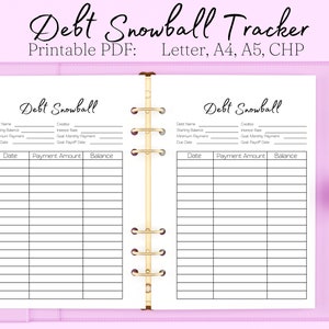May include: A printable debt snowball tracker with two columns for tracking debt information. Each column has sections for debt name, starting balance, minimum payment, due date, interest rate, goal monthly payment, and goal payoff date. The tracker also has a section for recording the date, payment amount, and balance.