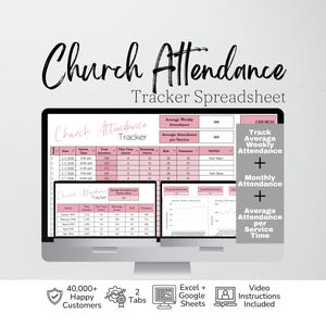 Church Attendance Tracker - Sunday Service, Regular Attendees, Visitors Monthly & Annual Charts Google Sheets and Excel Spreadsheet Template