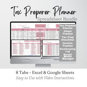 Puede incluir: Una pantalla de ordenador muestra una hoja de cálculo rosa y blanca titulada "Tax Preparer Planner". La imagen incluye el texto "Spreadsheet Bundle", "8 pestañas - Excel & Google Sheets" y características como "Client Tracker" e "Invoice Tracker".