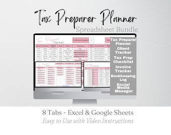 May include: A computer screen shows a pink and white spreadsheet titled "Tax Preparer Planner." The image includes the text "Spreadsheet Bundle," "8 Tabs - Excel & Google Sheets," and features such as "Client Tracker" and "Invoice Tracker."
