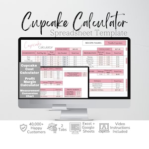 May include: A computer monitor displays a spreadsheet template titled "Cupcake Calculator." The screen shows data tables with pink headers and text. Additional text includes "Cupcake Cost Calculator," "Profit Margin Calculator," and "Measurement Conversion Chart."