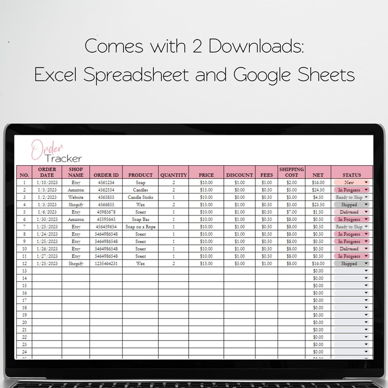 Op de afbeelding: Een spreadsheet met kolommen voor bestelnummer, datum, winkelnaam, bestel-ID, product, hoeveelheid, prijs, korting, kosten, verzendkosten, netto en status. De spreadsheet wordt gebruikt om bestellingen en voorraad bij te houden.