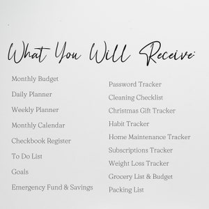 May include: A list of printable planners and trackers, including a monthly budget, daily planner, weekly planner, monthly calendar, checkbook register, to do list, goals, emergency fund & savings, password tracker, cleaning checklist, Christmas gift tracker, habit tracker, home maintenance tracker, subscriptions tracker, weight loss tracker, grocery list & budget, and packing list.