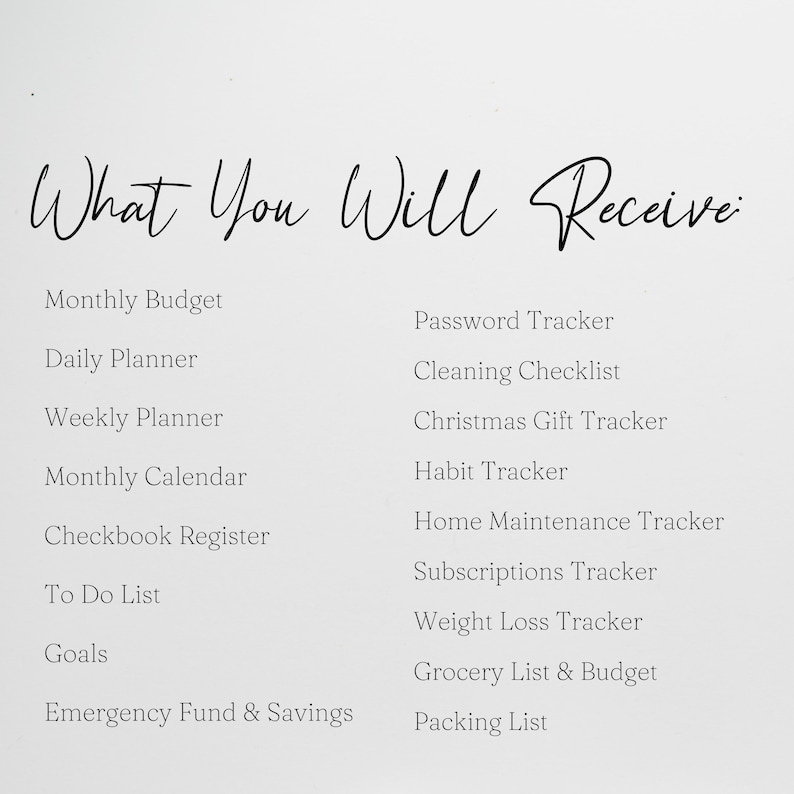 May include: A list of printable planners and trackers, including a monthly budget, daily planner, weekly planner, monthly calendar, checkbook register, to do list, goals, emergency fund & savings, password tracker, cleaning checklist, Christmas gift tracker, habit tracker, home maintenance tracker, subscriptions tracker, weight loss tracker, grocery list & budget, and packing list.