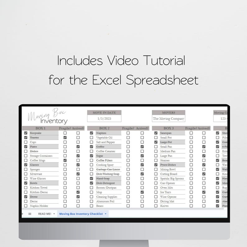 May include: A computer monitor displaying a digital moving box inventory checklist spreadsheet. The screen shows columns for box contents, fragile status, and arrival status, with text reading Includes Video Tutorial for the Excel Spreadsheet.