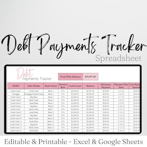 Hoja de cálculo de Excel para el seguimiento de pagos de deudas, Hojas de cálculo de Google para el seguimiento de deudas, Seguimiento de deudas en Excel, Seguimiento de deudas sin deudas, Seguimiento de pago de deudas con tarjeta de crédito