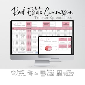 May include: A computer monitor showing a "Real Estate Commission Tracker Spreadsheet." The spreadsheet displays client details, property addresses, closing dates, and sold prices. The text "Real Estate Commission Tracker Spreadsheet" is at the top.
